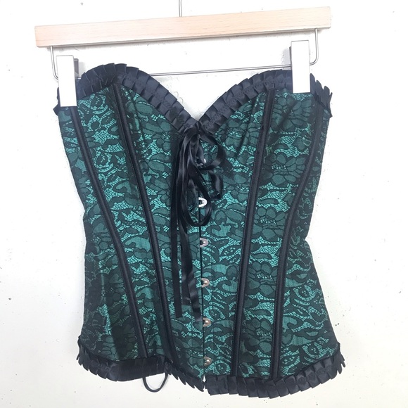 Green Black Lace Up Strapless Corset Top Small - Picture 1 of 7